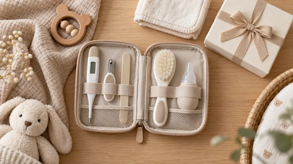 Kit soin bébé : trousse ouverte avec thermomètre et accessoires, prêt à offrir
