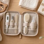 Kit soin bébé : trousse ouverte avec thermomètre et accessoires, prêt à offrir