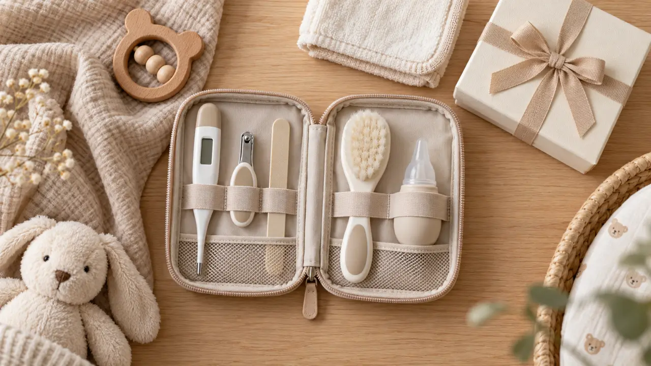Kit soin bébé : trousse ouverte avec thermomètre et accessoires, prêt à offrir