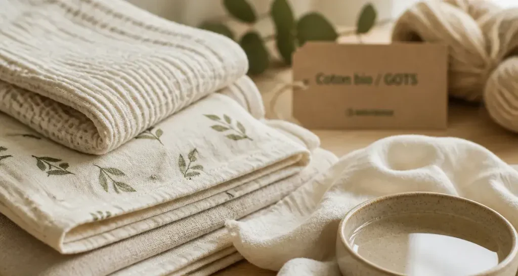 Lange coton bio sur table, texture douce et étiquette GOTS
