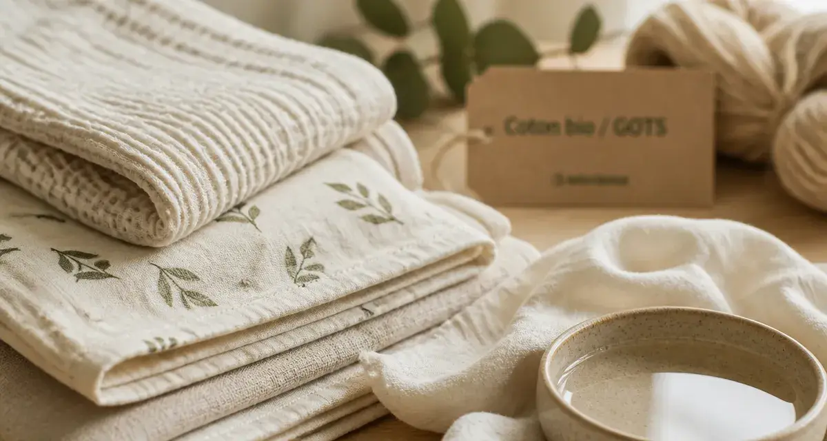 Lange coton bio sur table, texture douce et étiquette GOTS
