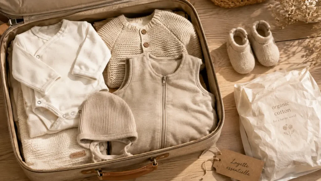 Layette naissance en matières douces : body, brassière, gigoteuse et bonnet 0 à 12 mois