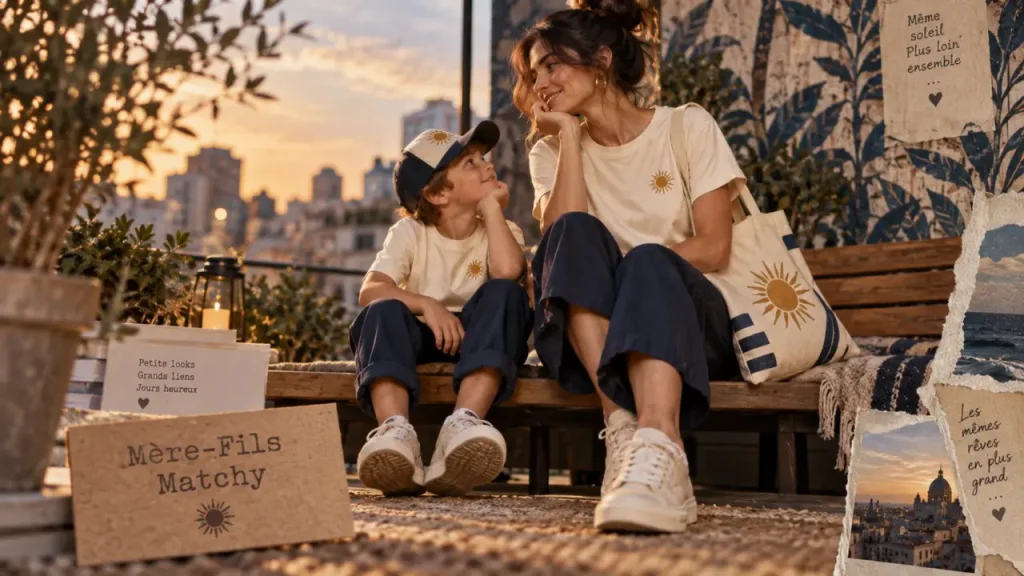 Matchy matchy mère fils : mère et fils en t-shirts coordonnés au bord d’un banc