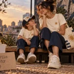 Matchy matchy mère fils : mère et fils en t-shirts coordonnés au bord d’un banc