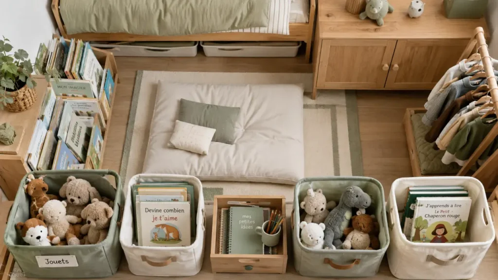 Rangement chambre enfant avec meubles bas, zones claires et bacs de jouets