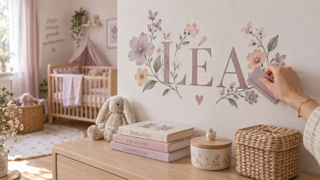 Stickers chambre bébé fille avec prénom fleuri sur mur blanc