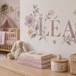Stickers chambre bébé fille avec prénom fleuri sur mur blanc
