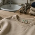 Sweat coton bio avec labels GOTS, OCS et Oeko-Tex sur étiquette