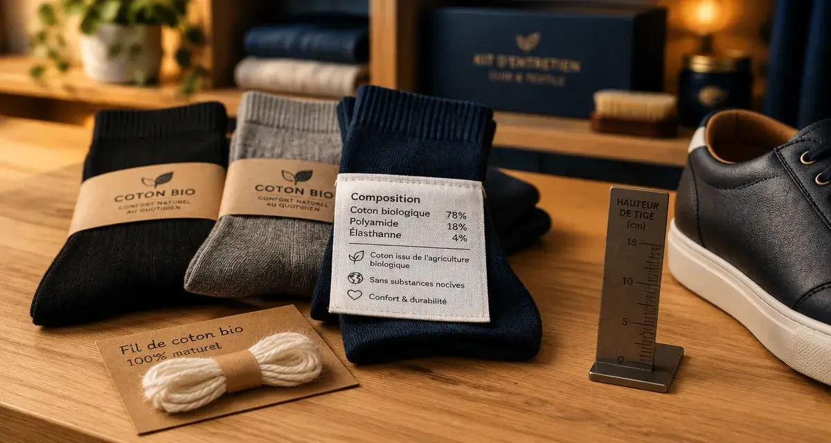 Chaussettes coton bio sur table bois, étiquette composition 100% naturel