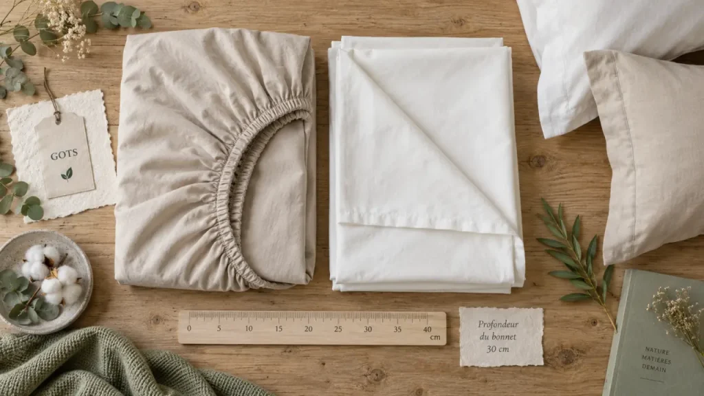 Draps en coton bio percale beige, drap-housse et taies, vue de dessus