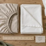 Draps en coton bio percale beige, drap-housse et taies, vue de dessus