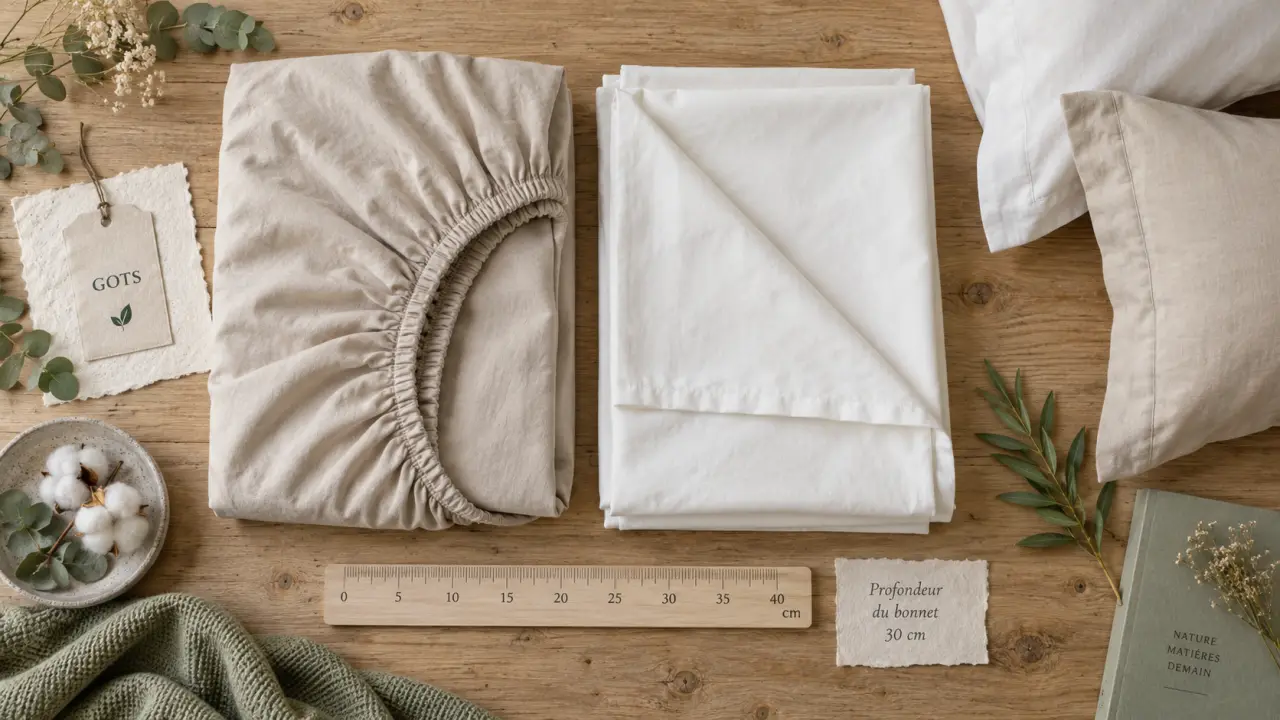 Draps en coton bio percale beige, drap-housse et taies, vue de dessus