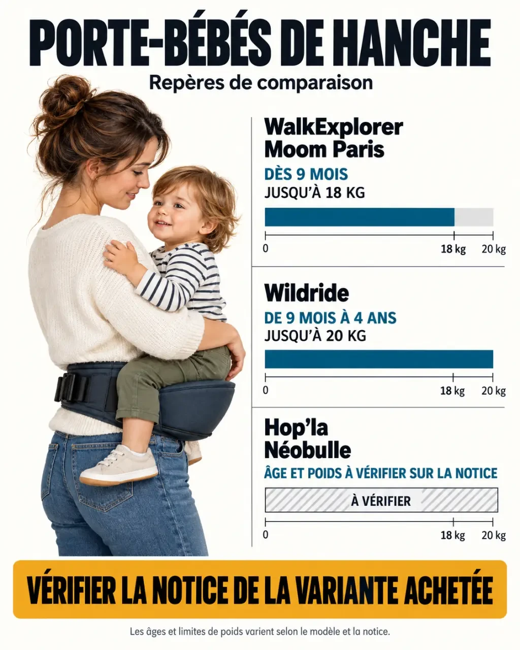 Infographie comparative sur le porte-bébé de hanche avec les âges et poids annoncés des modèles cités