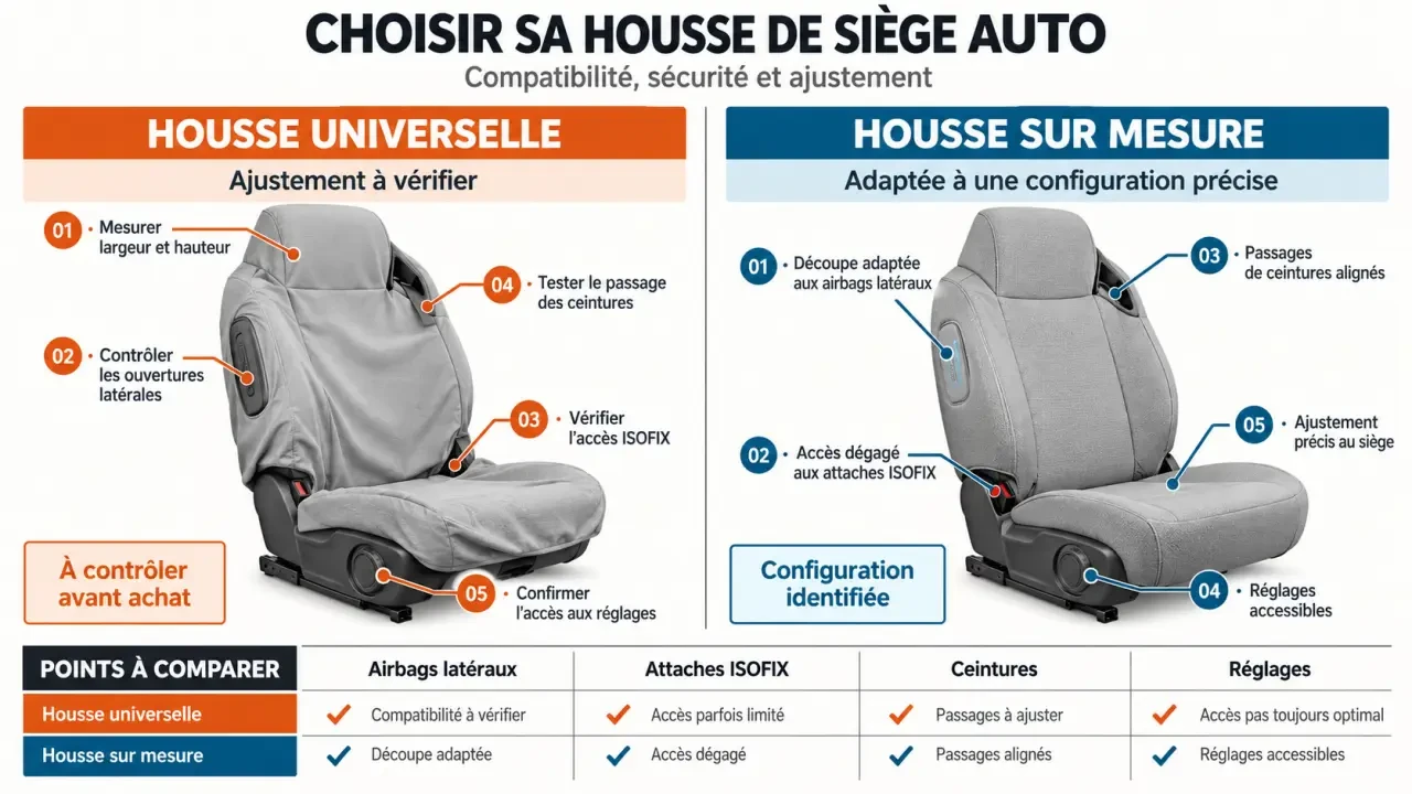 Comparatif de housse siège auto universelle et sur mesure avec vérifications de compatibilité