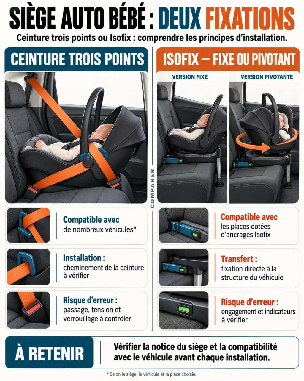 Infographie comparative d'un siège auto bébé sans Isofix avec fixation par ceinture face à un siège Isofix