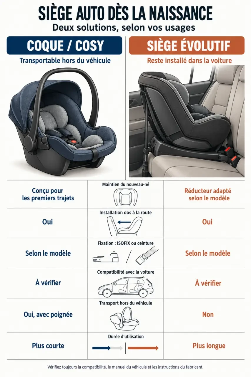 Infographie comparative pour choisir un siège auto naissance entre coque et siège évolutif