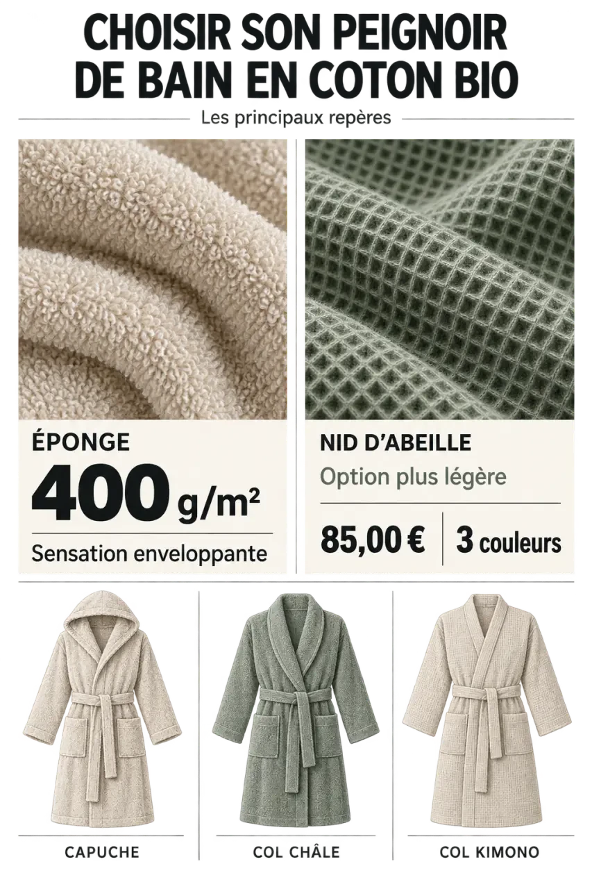 Comparaison des modèles de peignoir de bain coton bio en éponge, nid d’abeille, avec capuche ou différents cols