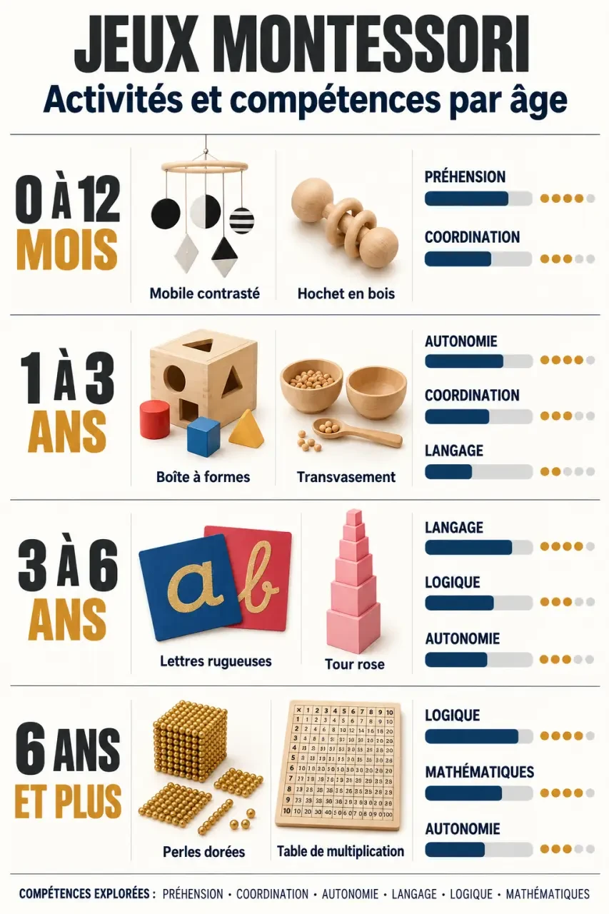 Infographie des jeux Montessori par âge, activité et compétence
