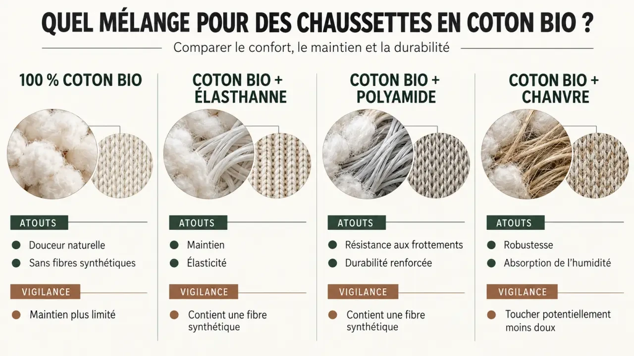 Infographie comparative des compositions de chaussettes coton bio