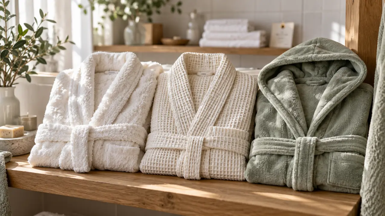 Peignoir de bain coton bio : éponge et nid d’abeille sur étagère de salle de bain