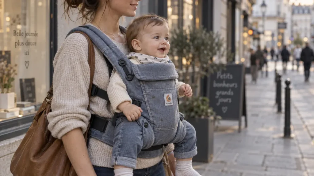 Porte bébé face au monde : bébé apaisé, ville calme, profil mère et bébé
