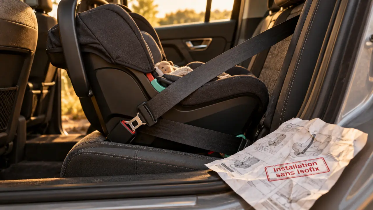Siège auto bébé sans isofix dos route fixé par ceinture trois points