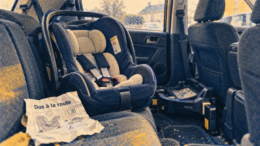 Siège auto naissance en voiture, dos à la route