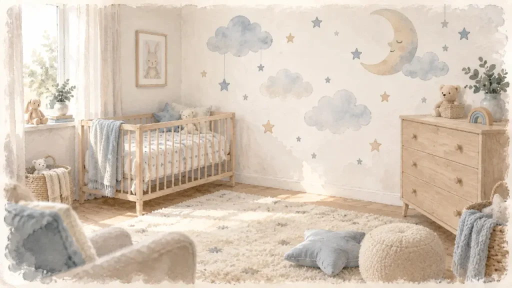 Stickers muraux chambre bébé : grand sticker nuages et étoiles sur mur blanc