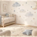 Stickers muraux chambre bébé : grand sticker nuages et étoiles sur mur blanc