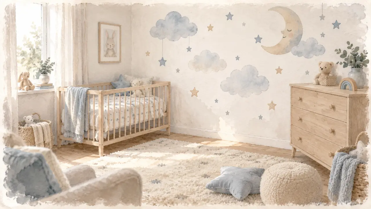 Stickers muraux chambre bébé : grand sticker nuages et étoiles sur mur blanc