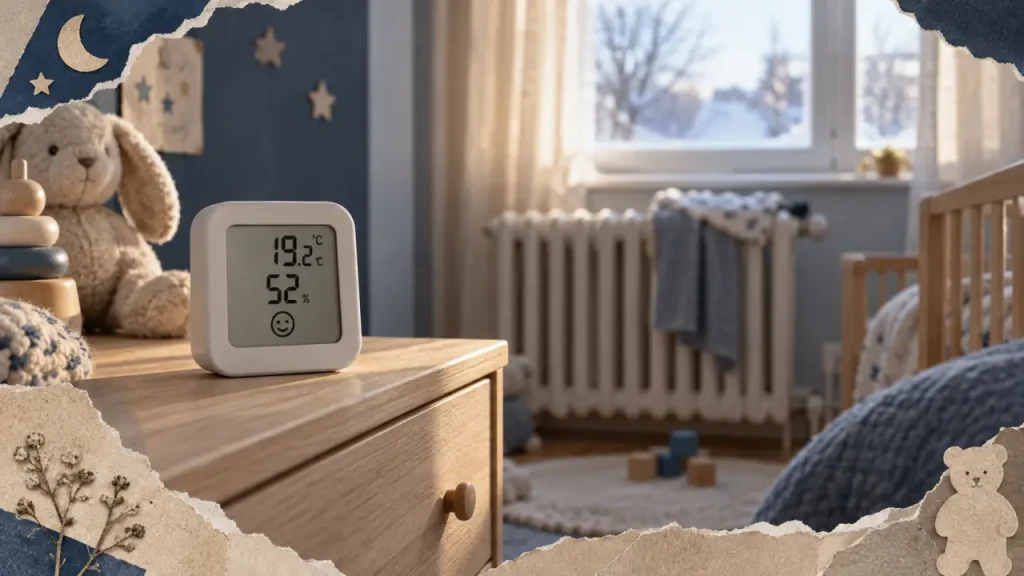 Thermomètre chambre bébé affichant 18-20°C et 40-60% d’humidité
